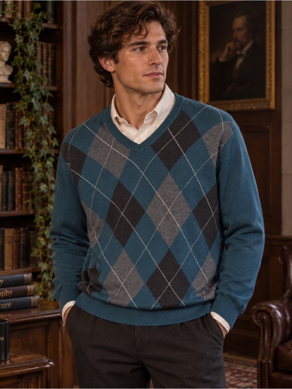 Van Heusen Men’s XL/TG Argyle Sweater Teal Blue Gray V-Neck 100% Cotton Preppy
